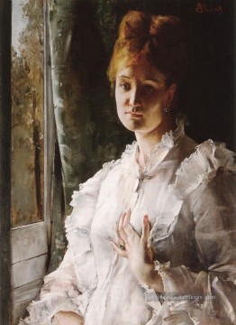 Portrait d’une femme en blanc dame Peintre belge Alfred Stevens Peinture à l'huile